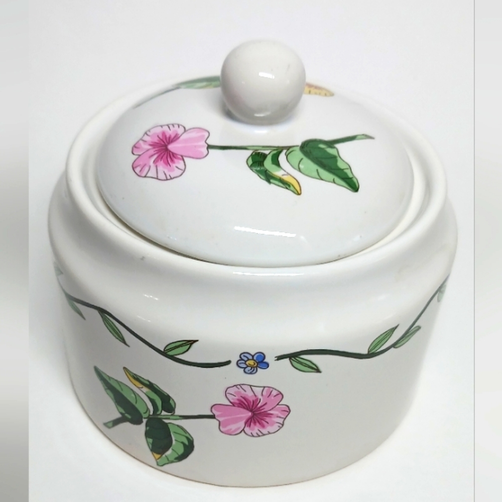 International Tableworks Stoneware Terrace Blossoms Sugar Bowl & Lid Floral Vtg
